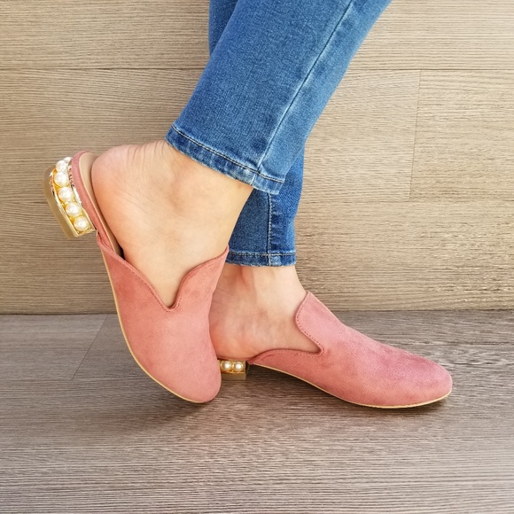 Suede Slip On Loafer Mule Pearl Accents on Heel-A - Picture 3 of 7